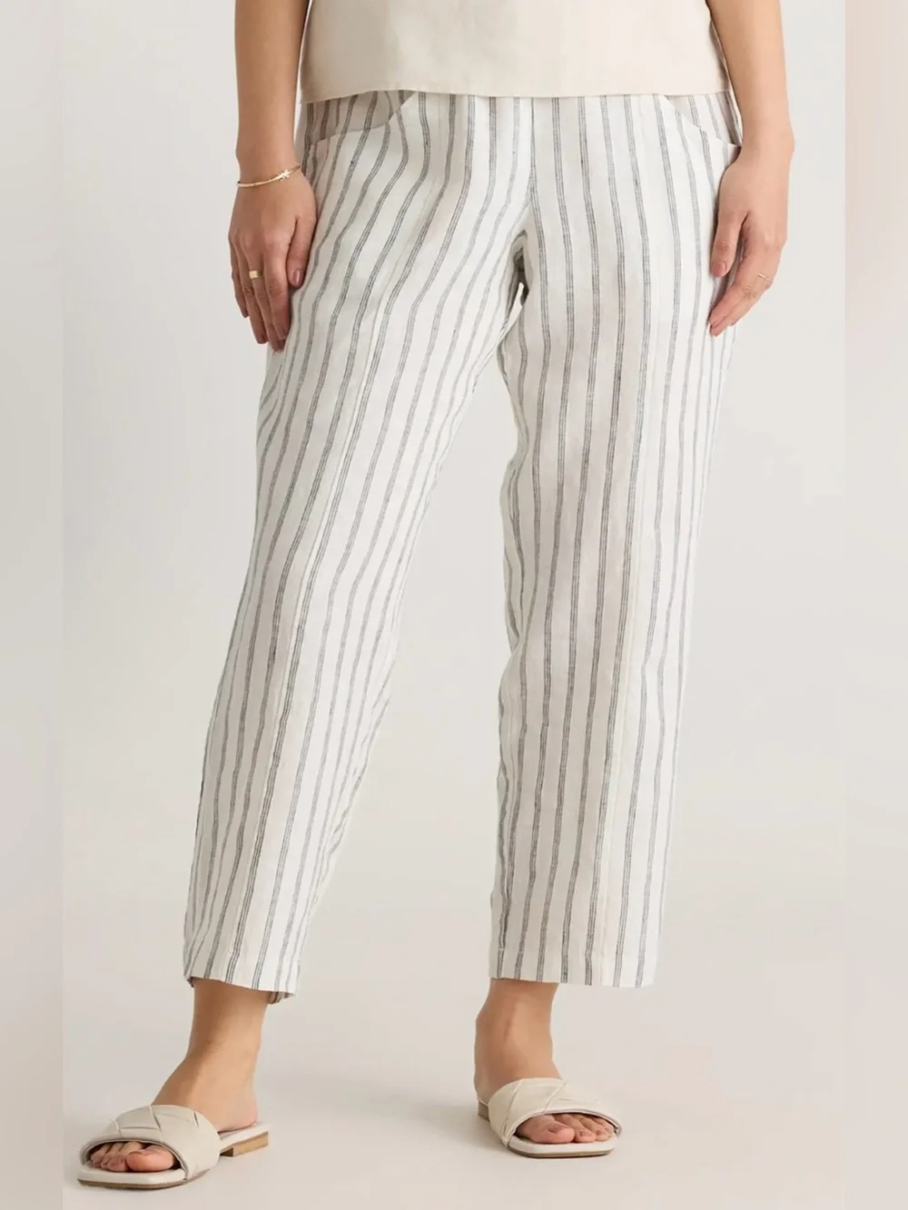 Quince Italian Linen Gray and White Striped Straight Leg Ankle Pants - Size XL